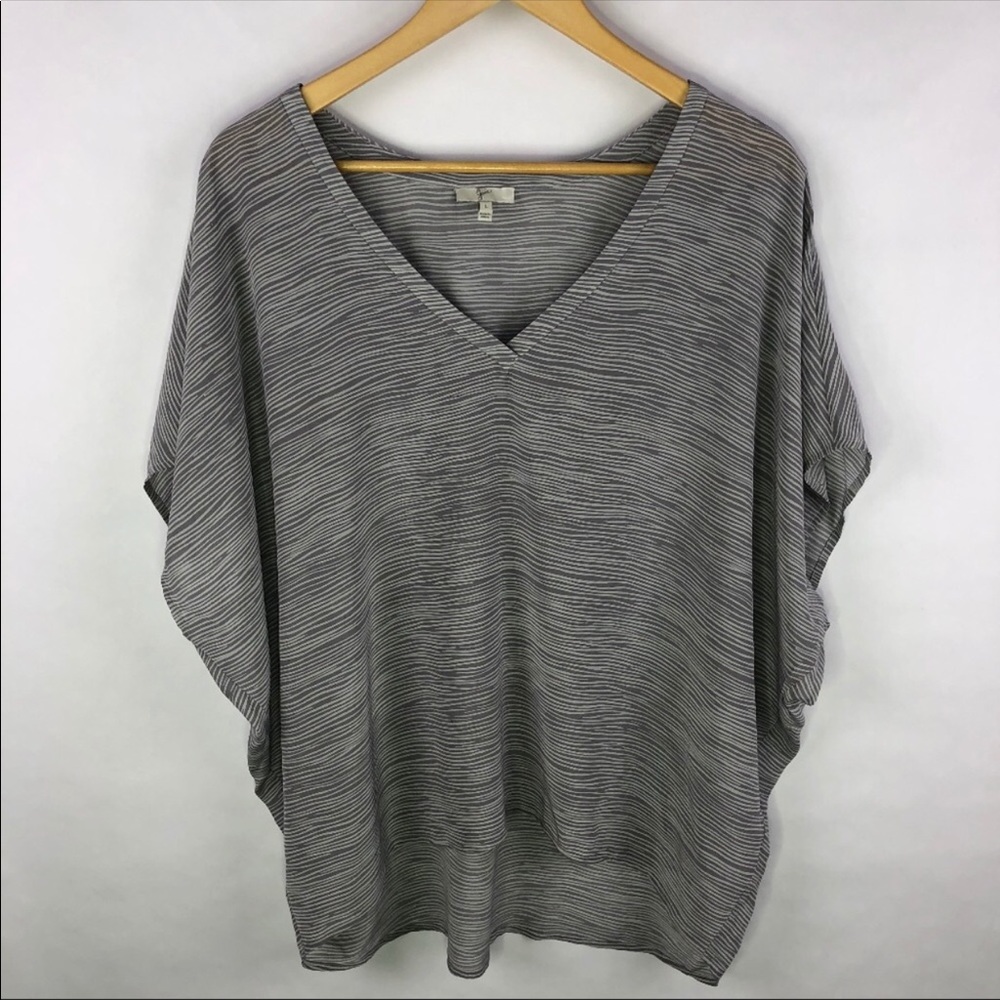 Josie V neck Dolman Silk Top Blouse Gray Stripes